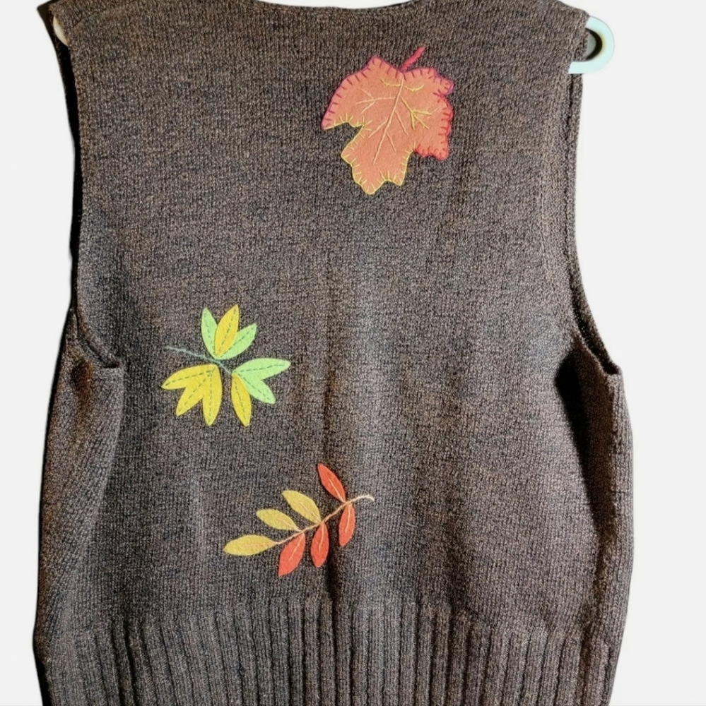 Vintage 90’s Womens Large Brown, Sweater Vest Susan Bristol Embroidered Fall - Picture 2 of 3